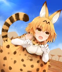  1girl animal_ears arano_oki belt blonde_hair blue_sky blush bow bowtie breasts claw_pose clouds day kemono_friends medium_breasts mountain open_mouth reflective_eyes savannah serval_(kemono_friends) serval_ears serval_print serval_tail shiny shiny_hair shiny_skin shirt short_hair silhouette skirt sky sleeveless sleeveless_shirt solo tail tree white_shirt yellow_eyes yellow_skirt 