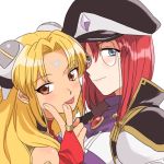  2girls :p blonde_hair blush breasts bridal_gauntlets forte_stollen galaxy_angel hakinikui_kutsu_no_mise hat long_hair looking_at_viewer monocle multiple_girls ranpha_franboise redhead short_hair tongue tongue_out v 