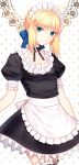  1girl ahoge alternate_costume apron artoria_pendragon_(all) bangs black_dress black_ribbon blonde_hair blue_bow bow breasts choker cleavage closed_mouth cowboy_shot dress enmaided eyebrows_visible_through_hair fate/stay_night fate_(series) frilled_choker frilled_dress frilled_legwear frills green_eyes hair_bow head_tilt karinzero looking_at_viewer maid maid_apron maid_headdress puffy_short_sleeves puffy_sleeves ribbon ribbon-trimmed_legwear ribbon_trim saber short_hair short_sleeves sidelocks small_breasts smile solo standing thigh-highs waist_apron white_apron white_legwear zettai_ryouiki 