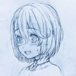  1girl :d bob_cut collar eyebrows_visible_through_hair hair_between_eyes headshot highres minase_shizue open_mouth original short_hair sketch smile solo sweatdrop traditional_media tsuji_santa 