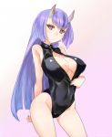  1girl ajino_(sakanahen) arms_behind_back bangs bare_legs bare_shoulders black_leotard blush breasts commentary_request erect_nipples front_zipper_swimsuit gradient gradient_background large_breasts leotard long_hair meme_attire nail_polish one-piece_swimsuit oni_horns original purple_hair red_eyes solo swimsuit unzipped zipper 