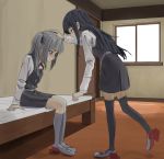  2girls ^_^ asashio_(kantai_collection) bed belt black_hair black_legwear black_ribbon blush buttons closed_eyes closed_mouth door dress dress_shirt female from_side grey_hair hair_ribbon hand_on_another&#039;s_head iki_heavy indoors kantai_collection kasumi_(kantai_collection) kneehighs leaning leaning_forward long_hair long_sleeves looking_at_another multiple_girls neck_ribbon on_bed petting pinafore_dress pleated_dress pleated_skirt red_ribbon remodel_(kantai_collection) ribbon school_uniform shirt shoes side_ponytail sitting skirt smile standing suspenders thigh-highs uwabaki white_shirt window yuri 