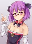  1girl bare_shoulders bespectacled blush breasts detached_sleeves fate/grand_order fate_(series) glasses helena_blavatsky_(fate/grand_order) highres kuragari looking_at_viewer purple_hair short_hair simple_background small_breasts smile solo strapless tree_of_life violet_eyes 