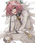  1boy belt blush bodysuit braid cape chains cosplay fang fate/apocrypha fate/extra fate/extra_ccc fate/grand_order fate_(series) flower hair_ribbon hita_(hitapita) lock long_hair looking_at_viewer male_focus open_mouth padlock pink_hair ribbon rider_of_black saber_bride saber_bride_(cosplay) saber_extra single_braid smile solo trap veil violet_eyes zipper 