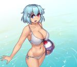  1girl :d bikini blue_eyes blue_hair breasts cleavage collarbone cowboy_shot front-tie_bikini front-tie_top hair_ornament hairclip hater_(hatater) heterochromia highres karakasa_obake large_breasts looking_at_viewer navel open_mouth red_eyes short_hair side-tie_bikini smile solo standing swimsuit tatara_kogasa touhou umbrella water white_bikini 