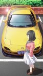  1girl black_hair blouse boots brown_boots brown_eyes car cardigan day from_side funyariko grey_blouse ground_vehicle high_heel_boots high_heels highres lens_flare mazda_rx-7 motor_vehicle original outdoors parking_lot profile skirt solo standing white_skirt 