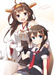  2girls blue_eyes braid brown_hair character_request cup dated highres holding holding_cup kantai_collection kongou_(kantai_collection) long_hair looking_at_viewer medium_hair multiple_girls shigure_(kantai_collection) teacup twitter_username violet_eyes yume_no_owari 