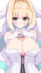  1girl blonde_hair blush breasts bridal_veil cleavage enelis eyebrows_visible_through_hair fate/extra fate/extra_ccc fate_(series) gloves green_eyes highres interlocked_fingers lock medium_breasts padlock saber_bride saber_extra short_hair smile solo upper_body veil white_gloves zipper 