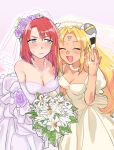  2girls blonde_hair blush bouquet breasts bridal_veil bride cleavage closed_eyes couple dress earrings elbow_gloves flower forte_stollen galaxy_angel gloves hakinikui_kutsu_no_mise jewelry long_hair multiple_girls necklace open_mouth ranpha_franboise redhead ring short_hair veil wedding_band wedding_dress white_gloves wife_and_wife yuri 