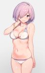  1girl :3 arm_up bangle bikini bracelet breasts cleavage closed_mouth collarbone cowboy_shot eyebrows_visible_through_hair fate/grand_order fate_(series) gradient gradient_background grey_background hair_over_one_eye hand_in_hair hand_up head_tilt highres jewelry medium_breasts multi-strapped_bikini navel purple_hair shielder_(fate/grand_order) short_hair simple_background smile solo swimsuit thighs violet_eyes white_bikini yuran_(cozyquilt) 