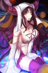  1girl absurdres bare_shoulders breasts brown_hair cleavage detached_sleeves facial_mark fate/extra fate/extra_ccc fate_(series) forehead_mark hair_in_mouth highres horn_ring horns large_breasts long_hair looking_at_viewer looking_to_the_side multicolored_hair navel paperfinger parted_lips planet sesshouin_kiara sideboob sitting solo tattoo thigh-highs two-tone_hair veil yellow_eyes zettai_ryouiki 