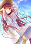  1girl alternate_costume bow day dress frilled_dress frills gurande_(g-size) hair_bow hat highres kamikaze_(kantai_collection) kantai_collection long_hair looking_at_viewer outdoors pantyhose pink_hair sky smile solo sun_hat violet_eyes white_dress yellow_bow yellow_legwear 