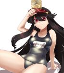  1girl bare_arms bare_legs bare_shoulders black_hair blue_swimsuit breasts covered_navel demon_archer fate/grand_order fate_(series) hair_between_eyes hat highres impossible_clothes long_hair looking_at_viewer medium_breasts name_tag old_school_swimsuit one-piece_swimsuit peaked_cap red_eyes school_swimsuit shimomoto sitting smile swimsuit thighs 