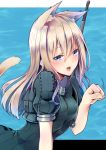  1girl :3 animal_ears blonde_hair blue_eyes cat_ears cat_tail clenched_hand cropped_jacket eyebrows_visible_through_hair hair_between_eyes kantai_collection long_hair military military_uniform motion_lines no_hat no_headwear open_mouth paw_pose short_sleeves solo suishin_tenra tail u-511_(kantai_collection) uniform 