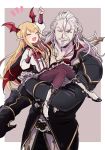  1boy 1girl 50yen bat_wings beard blonde_hair boots bow commentary_request earrings facial_hair fang frilled_skirt frills granblue_fantasy head_wings jewelry long_hair long_sleeves necklace open_mouth pale_skin pointy_ears red_bow red_eyes shadowverse shingeki_no_bahamut shirt silver_hair skirt smile urias_(shadowverse) vampire vampy wings 