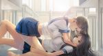 2girls brown_hair desk eye_contact girl_on_top hands_on_another&#039;s_face highres kikivi long_hair looking_at_another lying midriff multiple_girls on_back original sailor_collar school_uniform skirt sunlight window yuri 