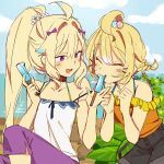  2girls absurdly_long_hair absurdres ahoge alternate_hairstyle bangs bare_shoulders bell black_shorts blonde_hair blue_hair blush bob_cut bow breasts camisole chuu_shiyou clouds eating enna_alouette eyebrows_visible_through_hair feeding flower food hair_flower hair_ornament hairclip highres jingle_bell long_hair looking_at_another millie_parfait multicolored_hair multiple_girls nijisanji nijisanji_en orange_shirt pants ponytail popsicle purple_bow purple_pants shirt short_hair short_twintails shorts sky sleeveless small_breasts smile tree twintails very_long_hair violet_eyes virtual_youtuber water white_camisole white_flower yuri 