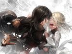  1boy 1girl artist_name bandage black_hair blonde_hair closed_eyes comb crying hands_on_another&#039;s_face innominat_(tales) long_hair open_mouth robe spoilers tales_of_(series) tales_of_berseria velvet_crowe yukisaki_mayui 