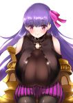  1girl bare_shoulders blush bow breasts claws cleavage detached_sleeves fate/extra fate/extra_ccc fate/grand_order fate_(series) hair_bow hair_ribbon huge_breasts kurokku long_hair looking_at_viewer o-ring_top parted_lips passion_lip purple_hair ribbon see-through simple_background sitting skindentation smile upper_body very_long_hair violet_eyes white_background 