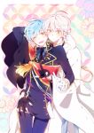  2boys ;d black_gloves blue_hair cape flower gloves hand_on_another&#039;s_hip ichigo_hitofuri male_focus military military_uniform multiple_boys necktie one_eye_closed open_mouth partly_fingerless_gloves smile tayashigu_(suisyounohosizora) touken_ranbu tsurumaru_kuninaga uniform v white_gloves white_hair yellow_eyes 