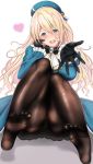  1girl atago_(kantai_collection) blonde_hair blue_eyes breasts commentary_request feet gloves heart huge_breasts kantai_collection long_hair looking_at_viewer no_shoes open_mouth panties panties_under_pantyhose pantyhose smile soles solo toes underwear untsue 