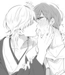  2boys blush closed_eyes french_kiss hand_on_another&#039;s_face heavy_breathing ichigo_hitofuri japanese_clothes kiss male_focus monochrome multiple_boys sweat tayashigu_(suisyounohosizora) tongue touken_ranbu tsurumaru_kuninaga yaoi 