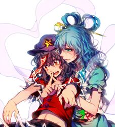  2girls beret black_hair black_skirt blue_dress blue_eyes blue_hair dress flower groin hagoromo hair_ornament hair_rings hair_stick hat highres hug hug_from_behind jiangshi kaku_seiga miyako_yoshika multiple_girls navel ofuda open_clothes open_mouth open_vest outstretched_arms parted_lips puffy_short_sleeves puffy_sleeves red_eyes red_shirt shawl shirt short_sleeves skirt star touhou upper_body vest wavy_hair yudaoshan zombie_pose 