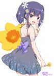  dress eyebrows_visible_through_hair flower hair_between_eyes hair_flower hair_ornament looking_at_viewer open_mouth purple_dress purple_hair ragho_no_erika shoulder_blades sukurizo! sundress twintails v violet_eyes 