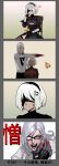  4koma adam_(nier_automata) anger_vein as109 black_dress black_hairband blindfold blush chair cleavage_cutout comic covered_eyes dress dress_shirt eating feather-trimmed_sleeves flower food glasses hairband highres juliet_sleeves long_hair long_sleeves mole mole_under_mouth necktie nier_(series) nier_automata pudding puffy_sleeves ribbed_dress shirt short_hair sitting thigh-highs translated white_hair yorha_no._2_type_b 