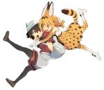  2girls alternate_legwear animal_ears backpack bag black_hair blonde_hair blue_eyes breasts feathers hat jandy kaban_(kemono_friends) kemono_friends medium_breasts multiple_girls serval_(kemono_friends) serval_ears serval_print serval_tail shorts skirt tail thigh-highs yellow_eyes 