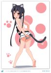  1girl 2011 absurdres animal_ears barefoot bikini black_hair blush brown_eyes cat_ears cat_tail dated errant feet from_behind full_body highres k-on! kemonomimi_mode long_hair looking_back nakano_azusa paw_print solo swimsuit tail twintails 