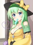  1girl bangs bare_shoulders black_hat blue_eyes blush bow breasts cleavage collarbone eyeball food food_in_mouth frilled_sleeves frills green_hair hat hat_bow heart heart_of_string komeiji_koishi long_hair long_sleeves looking_at_viewer medium_breasts mouth_hold off_shoulder ominaeshi_(takenoko) popsicle shirt sidelocks solo third_eye touhou upper_body yellow_bow yellow_shirt 