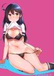  1girl 2015 bikini bikini_under_clothes black_bikini black_hair black_legwear breasts brown_hair cleavage commentary_request dated kantai_collection kyuuso_inukami large_breasts long_hair looking_at_viewer mouth_hold navel no_pants shiny shiny_skin shirt_lift side-tie_bikini sitting socks solo swimsuit swimsuit_under_clothes twitter_username untied untied_bikini ushio_(kantai_collection) yokozuwari 
