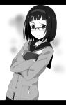  1girl bangs blunt_bangs blush cardigan charm charm_(object) closed_mouth dutch_angle glasses greyscale kinta_(distortion) letterboxed light_smile looking_at_viewer monochrome object_hug original over-rim_glasses school_uniform semi-rimless_glasses serafuku short_hair smile solo upper_body 
