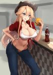  1girl alternate_costume blonde_hair blue_eyes bottle breasts cleavage coca-cola counter cowboy_hat denim food front-tie_top hamburger haruto_(harut_n) hat highres iowa_(kantai_collection) jeans kantai_collection large_breasts navel pants solo standing star star-shaped_pupils symbol-shaped_pupils 