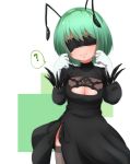  1girl antennae black_legwear black_skirt blindfold blush bodice breasts cleavage_cutout commentary_request cosplay crop_top gloves green_hair high-waist_skirt juliet_sleeves long_sleeves medium_breasts nier_(series) nier_automata puffy_sleeves side_slit skirt smile solo tenyunkel thigh-highs touhou white_gloves wriggle_nightbug yorha_no._2_type_b yorha_no._2_type_b_(cosplay) 