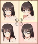  1girl :o alternate_hairstyle bangs bare_shoulders bespectacled blush border brown_border brown_eyes closed_mouth collarbone commentary_request eyebrows_visible_through_hair glasses katou_megumi looking_at_viewer multiple_views number open_mouth saenai_heroine_no_sodatekata short_hair short_ponytail sidelocks smile solo tareme tasora translated twitter_username upper_body 