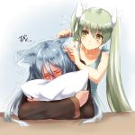  1boy 1girl afterimage animal_ears blue_dress blue_hair blue_nails blush cleaning closed_eyes dress ear_clip ear_grab ear_wiggle eargasm eyebrows_visible_through_hair flying_sweatdrops fox_ears frey_(rune_factory) green_hair hair_between_eyes hair_ribbon head_tilt jewelry leon_(rune_factory) long_hair long_sleeves looking_at_another motion_lines nail_polish niduca_(hio_touge) nose_blush parted_lips pillow pillow_hug ribbon ring rune_factory rune_factory_4 sketch sleeveless sleeveless_dress tears trembling twintails very_long_hair wedding_band white_ribbon 