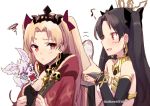  2girls animal bare_shoulders black_hair blonde_hair blush cape crown dated earrings ereshkigal_(fate/grand_order) fate/grand_order fate_(series) fou_(fate/grand_order) hair_ribbon hoop_earrings ishtar_(fate/grand_order) jewelry long_hair multiple_girls note open_mouth raki_(kuroe) red_cape red_eyes red_ribbon ribbon signature simple_background tiara tohsaka_rin toosaka_rin twintails white_background 