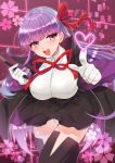  1girl :d bangs bb_(fate/extra_ccc) blush breasts eyebrows_visible_through_hair fate/extra fate/extra_ccc fate/grand_order fate_(series) gloves hair_ribbon heart holding long_hair neck_ribbon open_mouth panties pantyshot pink_eyes purple_hair red_ribbon ribbon round_teeth smile solo teeth thigh-highs underwear very_long_hair white_gloves white_panties wide_sleeves 