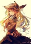  belt blonde_hair bow closed_fan fan folding_fan hat highres long_hair looking_at_viewer mom_bolo open_mouth ribbon smile touhou watatsuki_no_toyohime yellow_eyes 