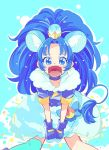  1girl :d animal_ears asymmetrical_clothes blue blue_background blue_choker blue_eyes blue_gloves blue_hair blue_jacket blue_legwear blush choker cure_gelato earrings eyelashes fang food_themed_hair_ornament fur fur_jacket fur_trim gloves hair_ornament highres jacket jewelry kirakira_precure_a_la_mode lion_ears lion_tail long_hair looking_at_viewer magical_girl open_mouth ponekusan ponytail precure short_sleeves single_thighhigh smile solo tail tategami_aoi thigh-highs 