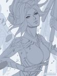  1girl artist_name bodysuit breasts emblem eyelashes eyeshadow flat_color grey_background high_ponytail highres holding holding_staff lineart lips looking_at_viewer makeup mechanical_halo mechanical_wings medium_breasts mercy_(overwatch) michelle_hoefener monochrome nose overwatch parted_lips patreon_logo petals signature simple_background sketch smile solo staff upper_body watermark web_address wings work_in_progress 