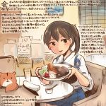  1girl animal blue_hakama brown_eyes brown_hair colored_pencil_(medium) commentary_request curry curry_rice dated food hakama hamster holding holding_plate japanese_clothes kaga_(kantai_collection) kantai_collection kirisawa_juuzou muneate non-human_admiral_(kantai_collection) nontraditional_miko numbered plate rice short_hair side_ponytail sitting smile tasuki traditional_media twitter_username 