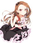  1girl brown_eyes brown_hair dress earrings flat_chest frilled_dress frills hairband holding holding_stuffed_animal idolmaster jewelry long_hair mimizubare minase_iori simple_background solo stuffed_animal stuffed_bunny stuffed_toy white_background 