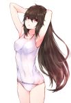  1girl :&lt; armpits bare_shoulders breasts brown_hair closed_mouth collarbone covered_navel eyebrows eyebrows_visible_through_hair hair_between_eyes highres long_hair medium_breasts one-piece_swimsuit original red_eyes school_swimsuit silver_(chenwen) simple_background sketch skin_tight solo standing swimsuit thighs very_long_hair white_background white_swimsuit 