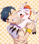  1boy blue_hair blush claws closed_eyes digimon digimon_adventure fangs glasses gomamon grin hug kido_jou male_focus orange_background patterned_background short_sleeves smile sweater_vest t_k_g upper_body wristband 