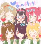  6+girls anzu_(ensemble_stars!) black_hair blonde_hair brown_hair ensemble_girls! glasses hair_ornament hair_over_one_eye hairclip hand_holding kobato_azusa konan_yako kuromori_suzu long_hair multiple_girls pink_hair ponytail school_uniform serafuku short_hair smile sone_seira spoilers v yakumo_chizuru younger 