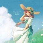  1girl 2014 artist_name blush brown_eyes brown_hair closed_mouth clouds day dress from_side grass green_dress harvest_moon harvest_moon:_connect_to_a_new_land hat long_hair low-tied_long_hair minori_(harvest_moon) niduca_(hio_touge) number petals short_sleeves sketch sky smile solo standing sun_hat twitter_username very_long_hair wind 