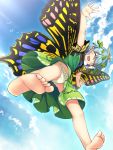  1girl barefoot bird blue_hair blue_sky blush_stickers butterfly_wings chima_q closed_eyes clouds cloudy_sky day dress etarnity_larva feet from_below green_dress green_panties highres outdoors outstretched_arms panties polka_dot polka_dot_panties sky smile soles solo sunlight toes touhou underwear wings 